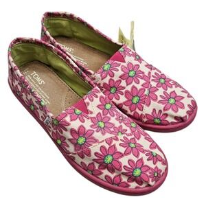TOMS NWT Kids Floral Slip‎ On Shoes Pink Green Daisy Size Y5.5 Play School